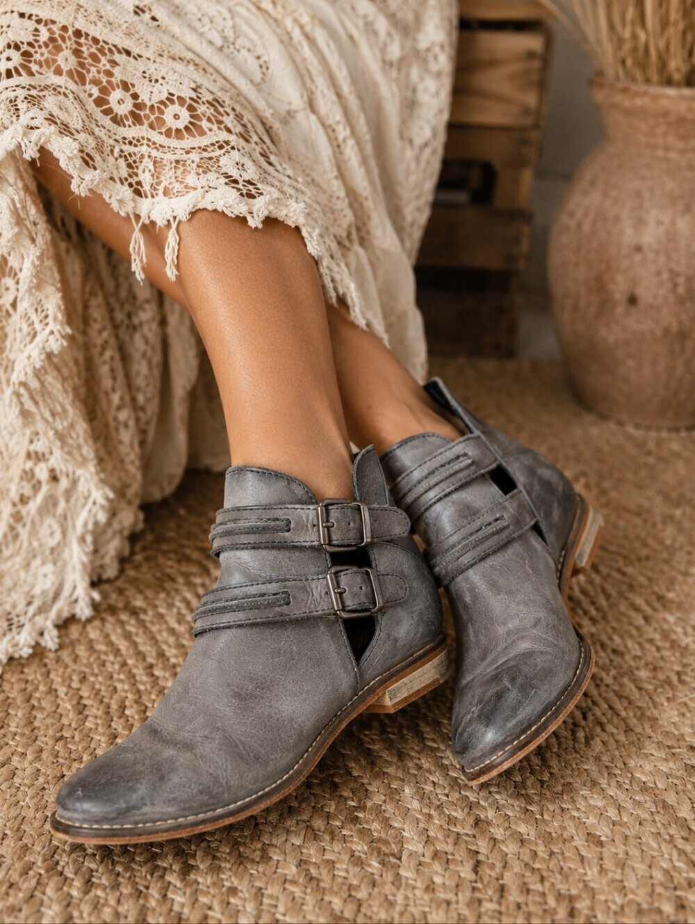 🤍 Free People Braeburn Gray Distressed Leather Buckle Cutout Ankle Boots